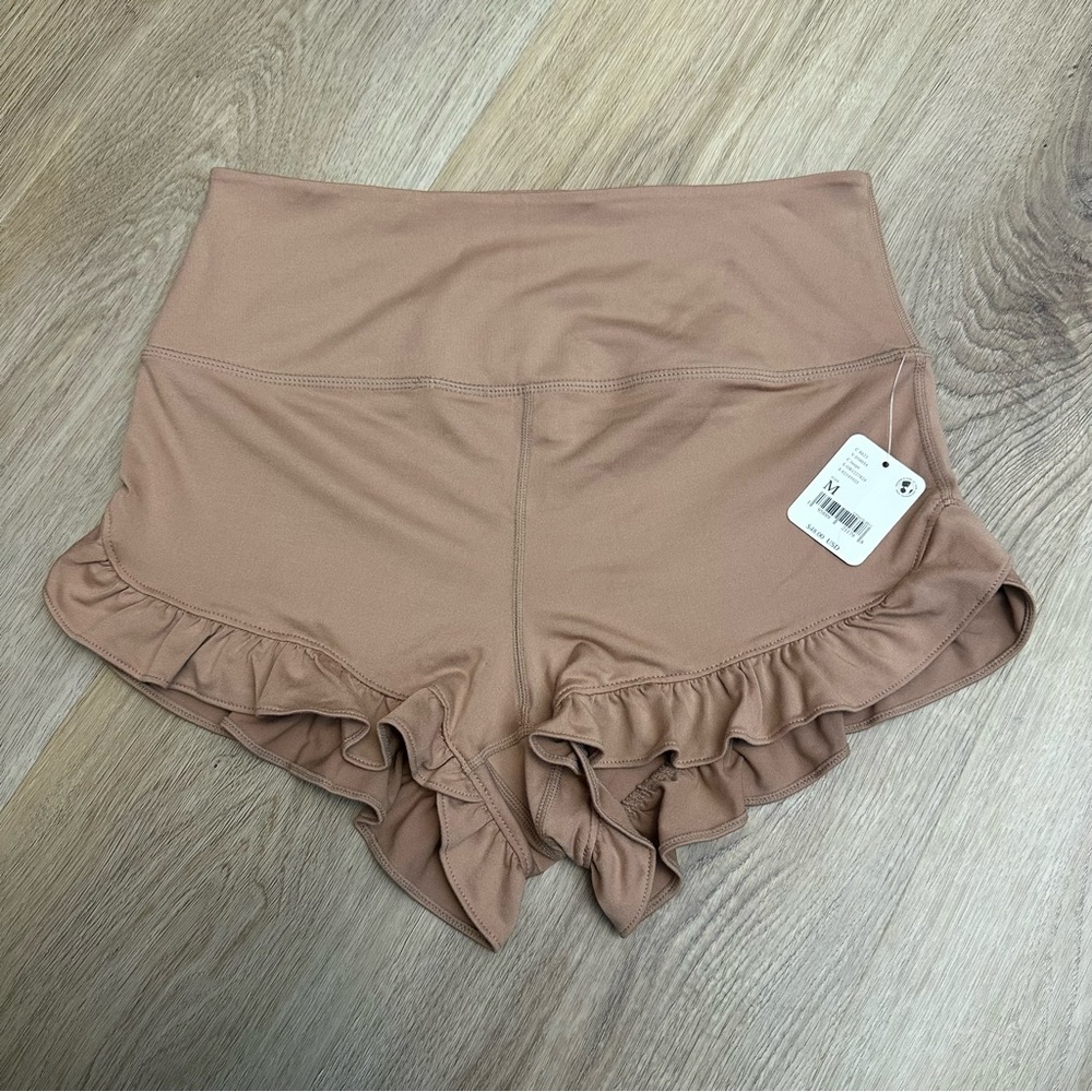 NWT Free People Movement High Waist Ruffle Trim Taupe Shorts